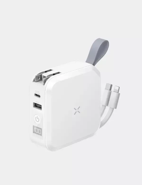 BAZIC Travel 10K 5-in-1 Multi-Functional Wall Charger with 15W Fast Wireless Charging | Built-in Charging Cable with USB-C and Lightning cable