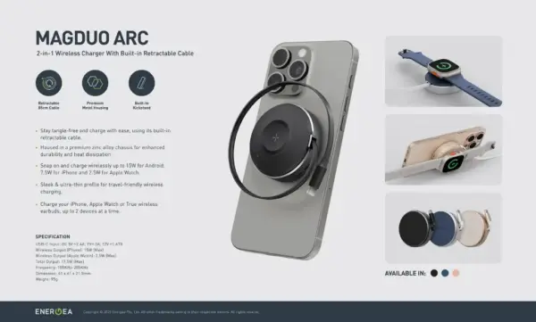 ENERGEA MAGDUO ARC 2 IN 1 WIRELESS CHARGE WITH BUILT IN RETRACTABLE CABLE
