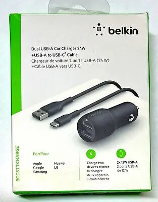 BELKIN DUAL USB-A CAR CHARGER 24W WITH USB-A TO USB-C CABLE